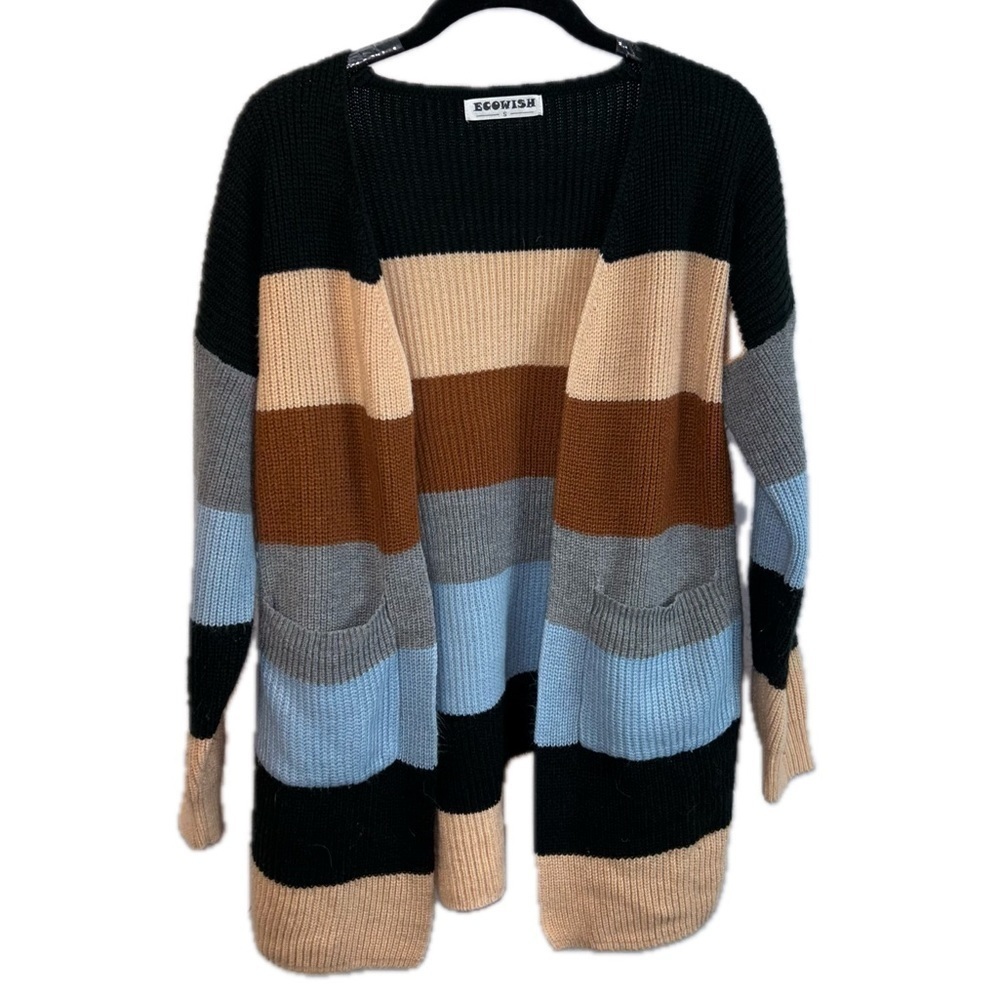 Ecowish Cardigan Striped Sweater Casual Knit Crochet Color Block Open Front Top